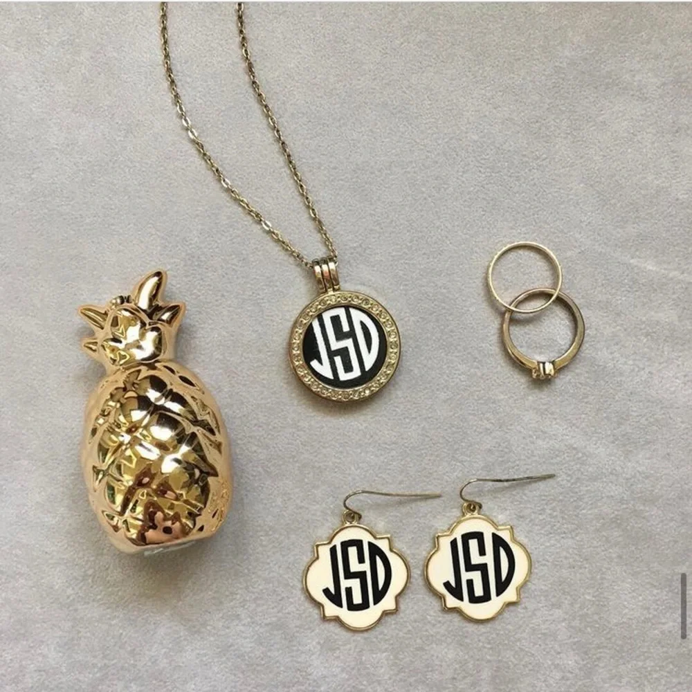 Custom Monogram Earrings Dangly Quatrefoil Cream Gold Pink Black Silver White
